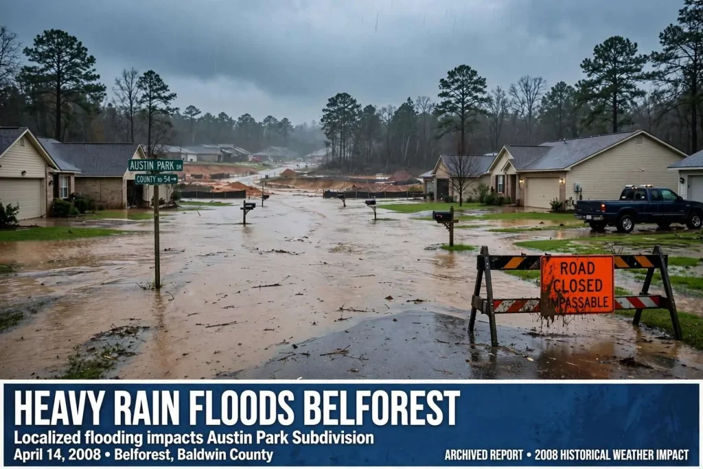 Illustration for the news story: Heavy Rain Flooded Part of Belforest in 2008