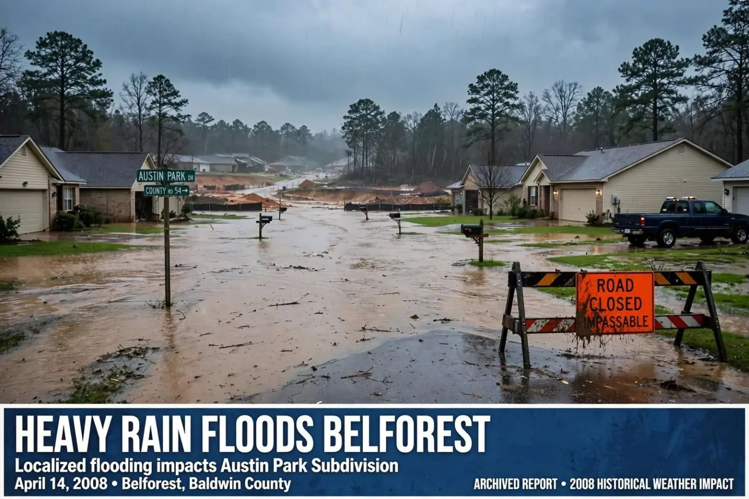 Illustration for the news story: Heavy Rain Flooded Part of Belforest in 2008