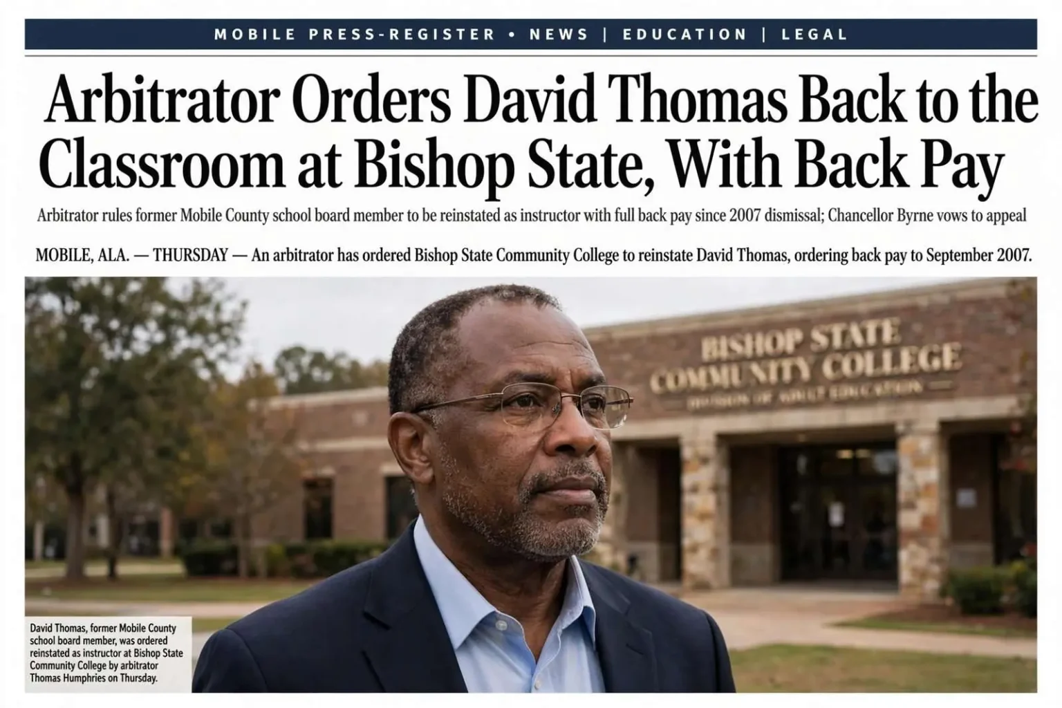 Illustration for the news story: Arbitrator Orders David Thomas Back to the Classroom at Bishop State, With Back Pay