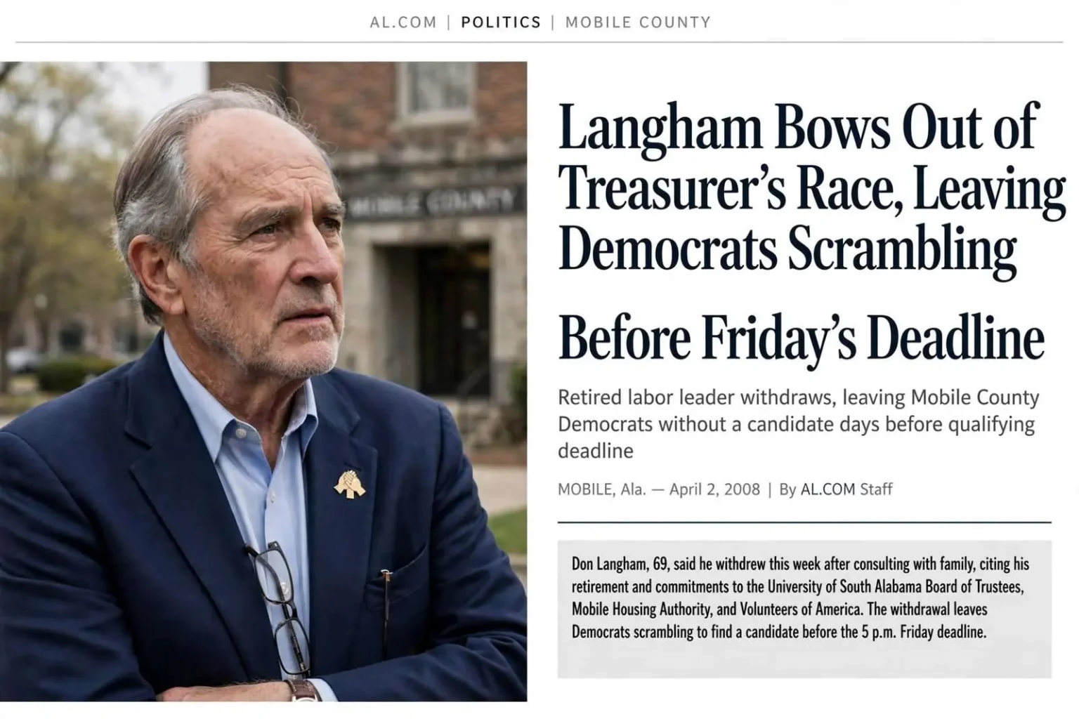 Illustration for the news story: Langham Bows Out of Treasurer’s Race, Leaving Democrats Scrambling Before Friday’s Deadline