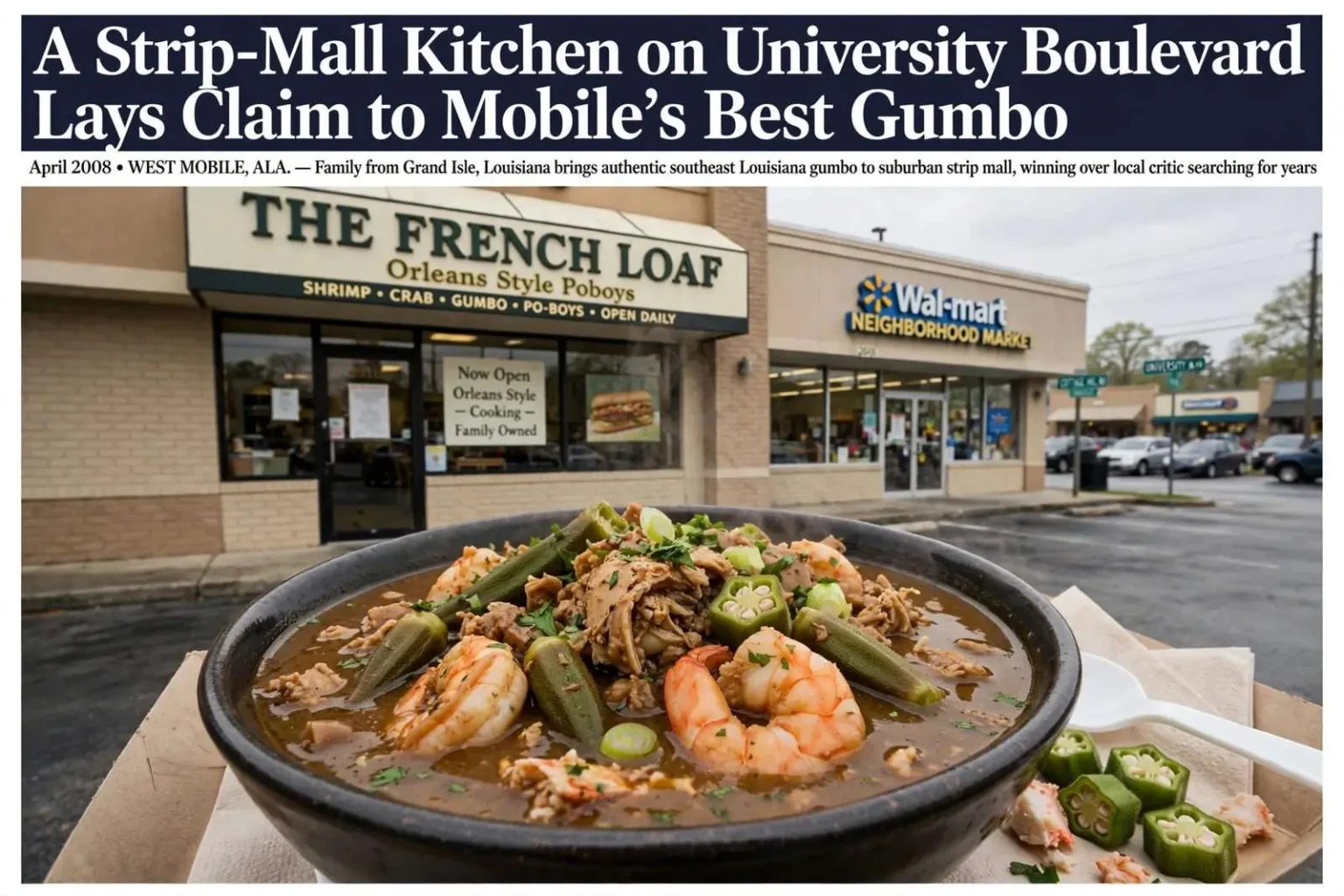 Illustration for the news story: A Strip-Mall Kitchen on University Boulevard Lays Claim to Mobile’s Best Gumbo