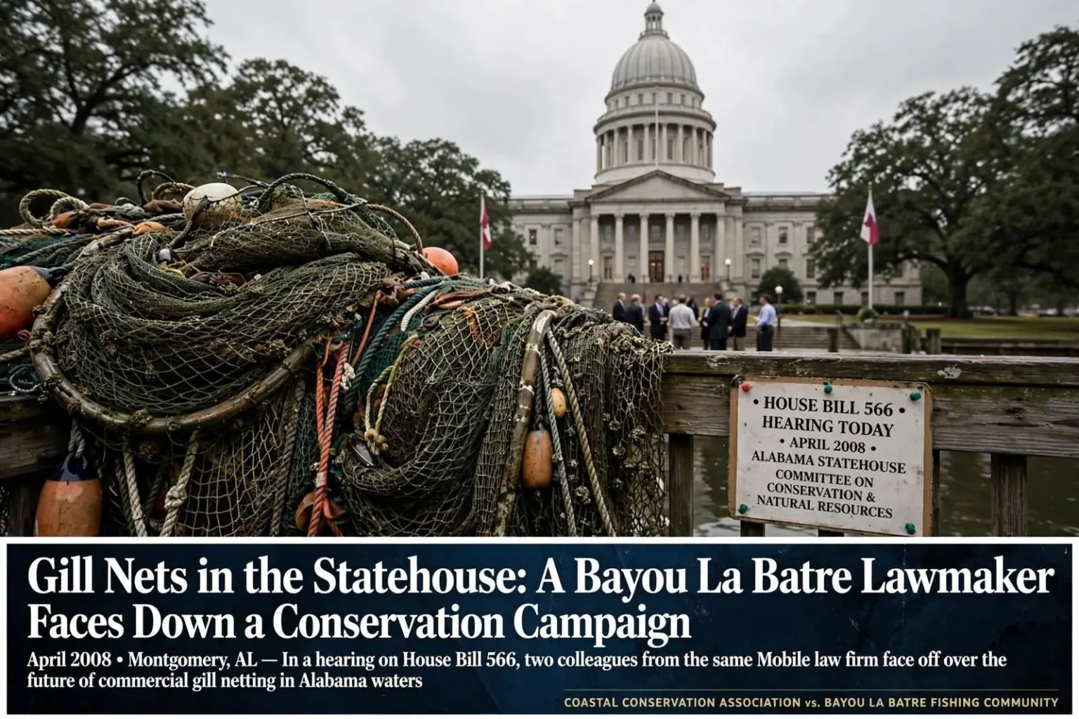 Illustration for the news story: Gill Nets in the Statehouse: A Bayou La Batre Lawmaker Faces Down a Conservation Campaign