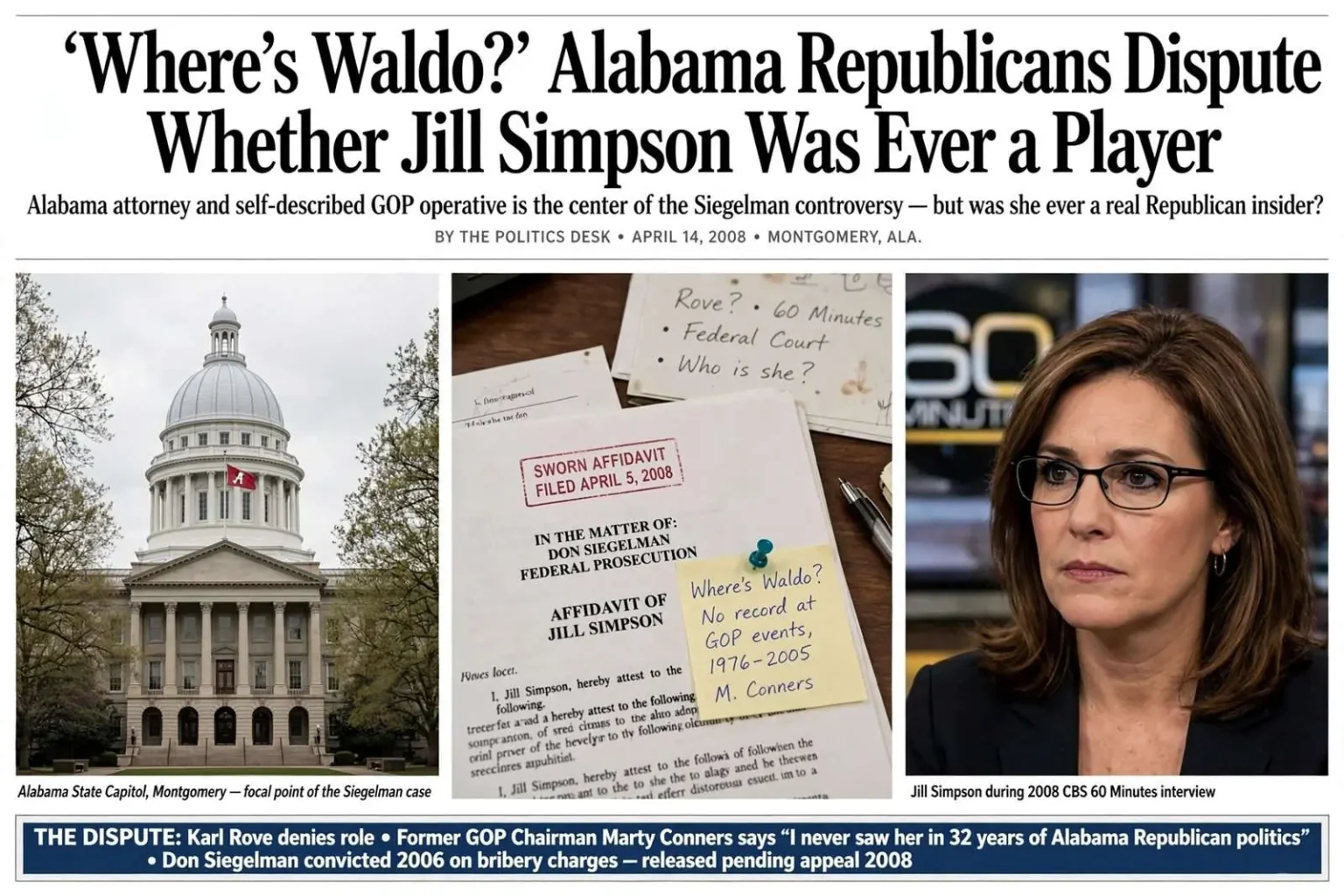 Illustration for the news story: ‘Where’s Waldo?’ Alabama Republicans Dispute Whether Jill Simpson Was Ever a Player