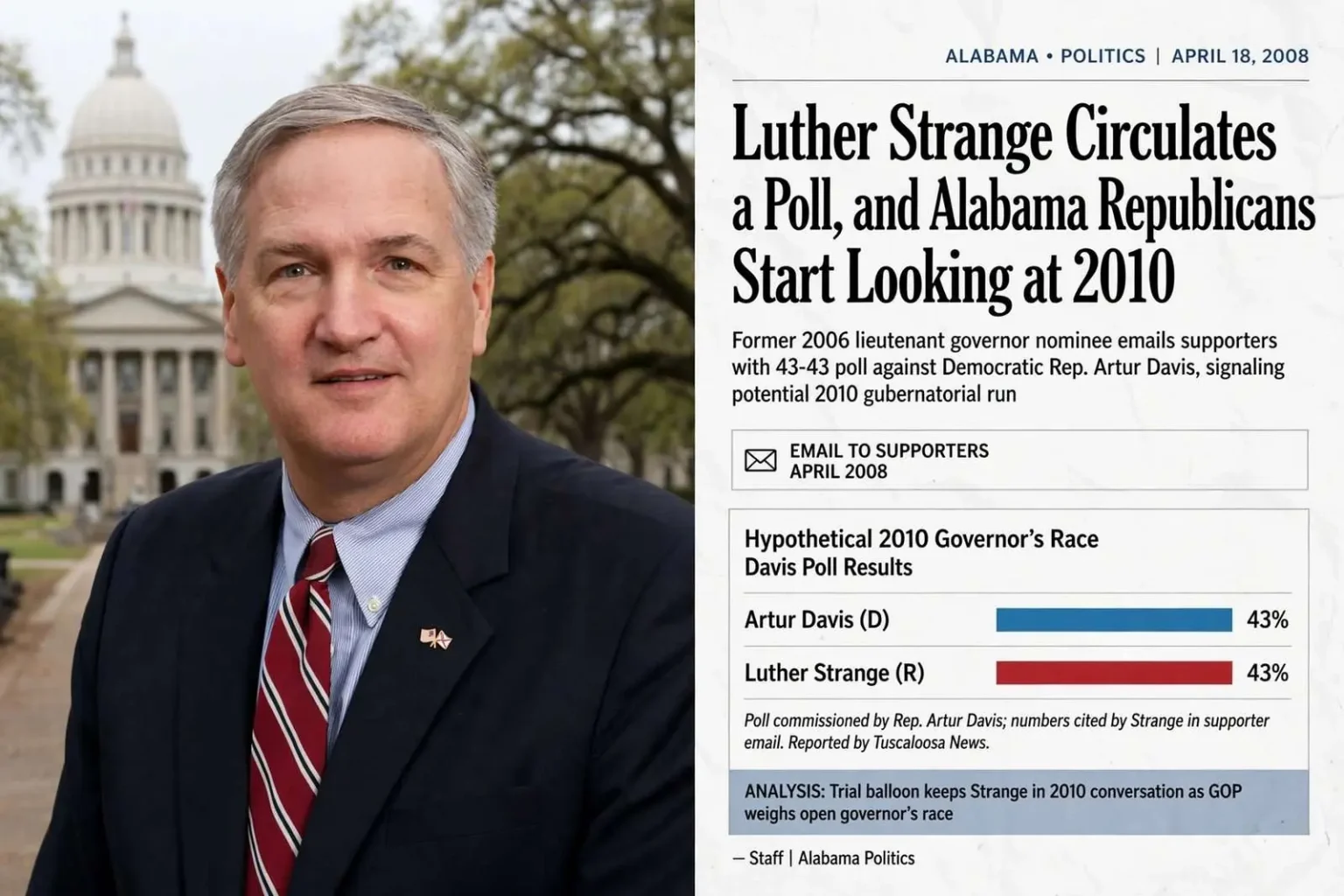 Illustration for the news story: Luther Strange Circulates a Poll, and Alabama Republicans Start Looking at 2010