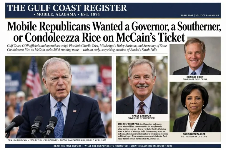 Illustration for the news story: Mobile Republicans Wanted a Governor, a Southerner, or Condoleezza Rice on McCain’s Ticket