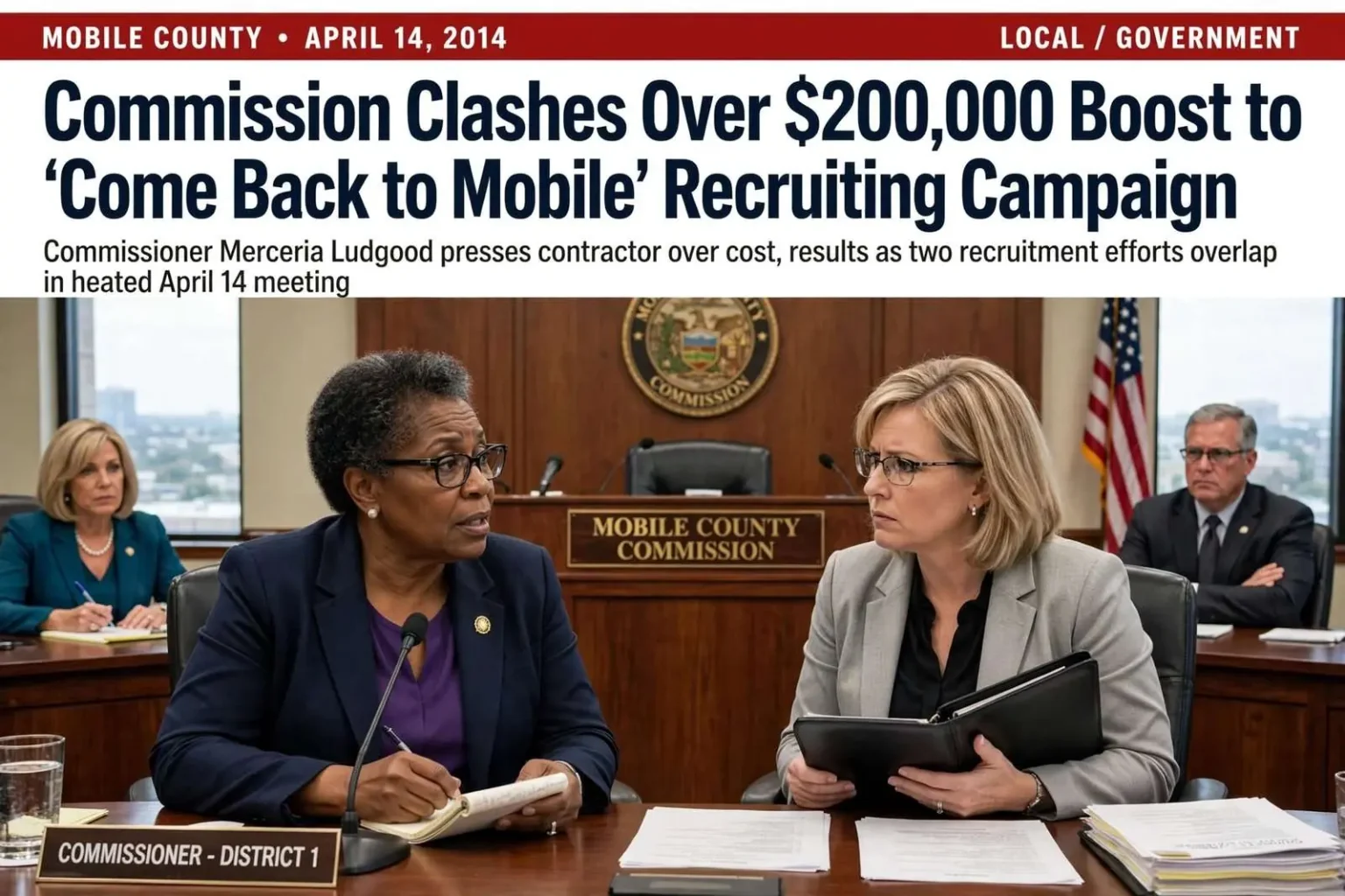 Illustration for the news story: Mobile County Commission Clashes Over $200,000 Boost to ‘Come Back to Mobile’ Recruiting Campaign
