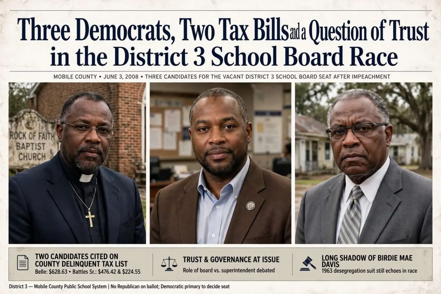 Illustration for the news story: Three Democrats, Two Tax Bills and a Question of Trust in the District 3 School Board Race