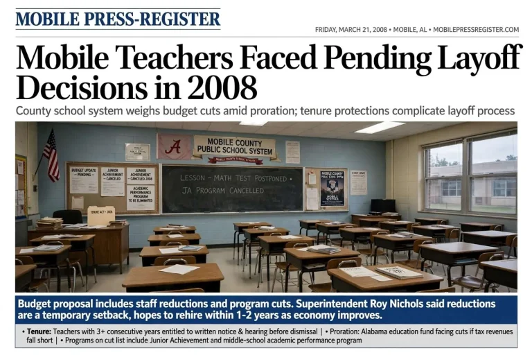 Illustration for the news story: Mobile Teachers Faced Pending Layoff Decisions in 2008