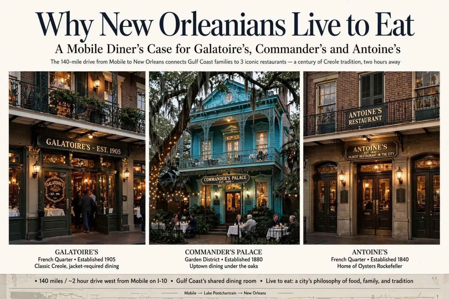 Illustration for the news story: Why New Orleanians Live to Eat: A Mobile Diner’s Case for Galatoire’s, Commander’s and Antoine’s