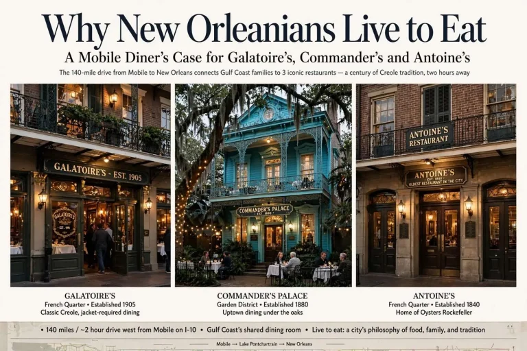 Illustration for the news story: Why New Orleanians Live to Eat: A Mobile Diner’s Case for Galatoire’s, Commander’s and Antoine’s