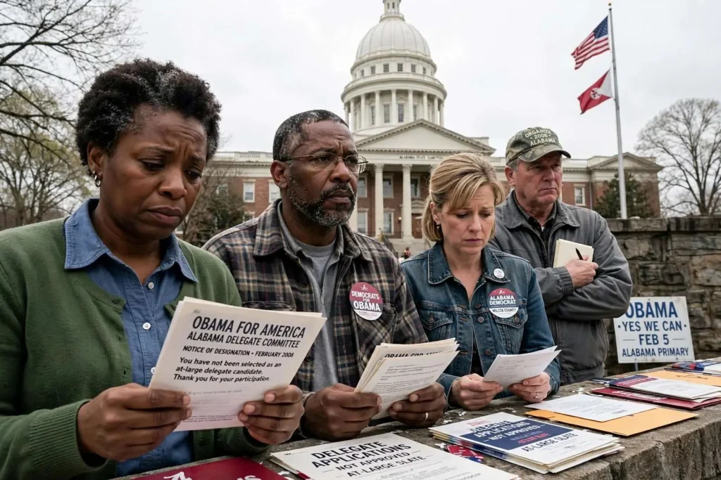 Illustration for the news story: Obama’s Alabama Campaign Removes 40 Would-Be Delegates, and the Faithful Feel the Sting