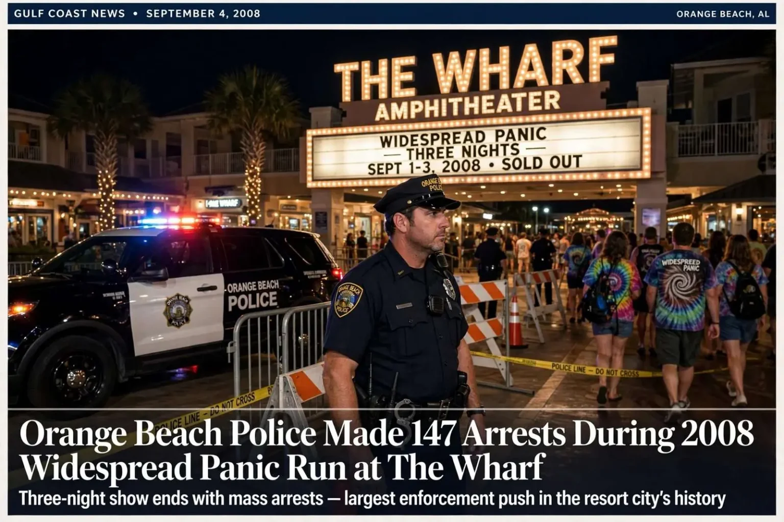 Illustration for the news story: Orange Beach Police Made 147 Arrests During 2008 Widespread Panic Run at The Wharf