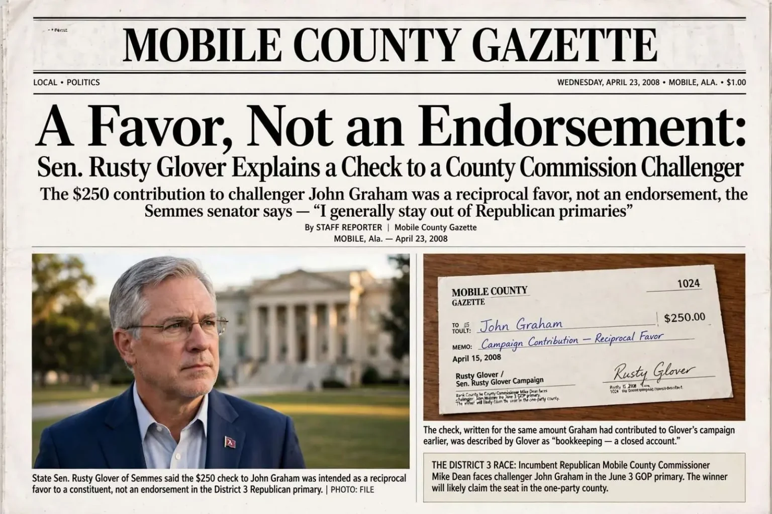 Illustration for the news story: A Favor, Not an Endorsement: Sen. Rusty Glover Explains a Check to a County Commission Challenger