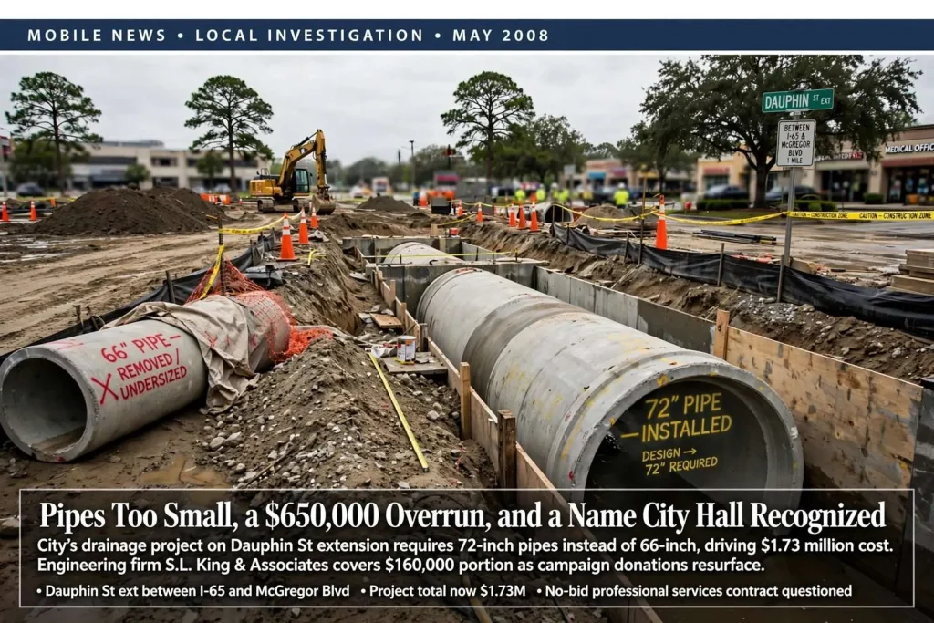 Illustration for the news story: Pipes Too Small, a $650,000 Overrun, and a Name City Hall Recognized