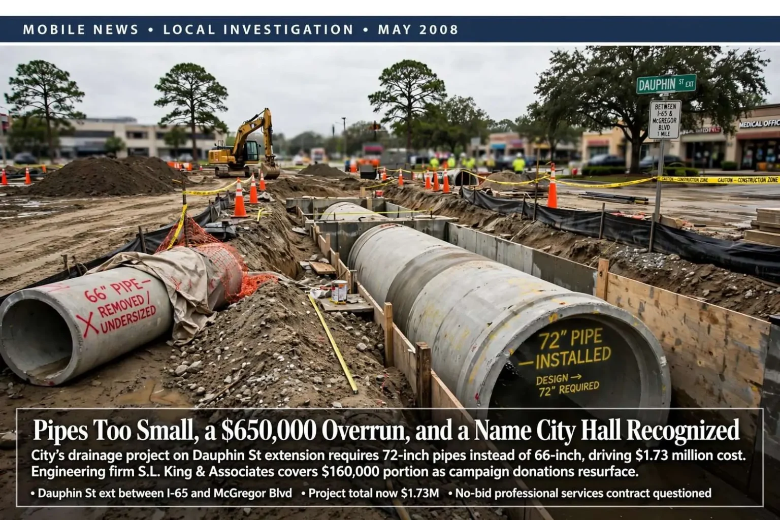 Illustration for the news story: Pipes Too Small, a $650,000 Overrun, and a Name City Hall Recognized