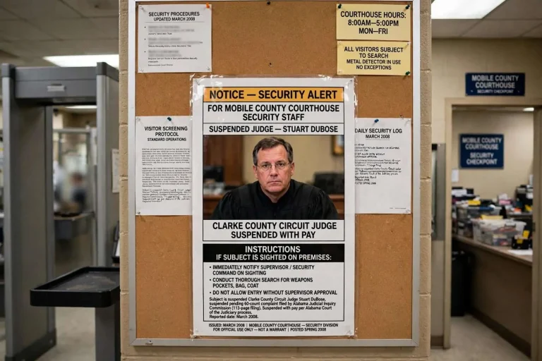 Illustration for the news story: A Wanted-Style Poster of a Sitting Judge Greeted Visitors at the Mobile County Courthouse