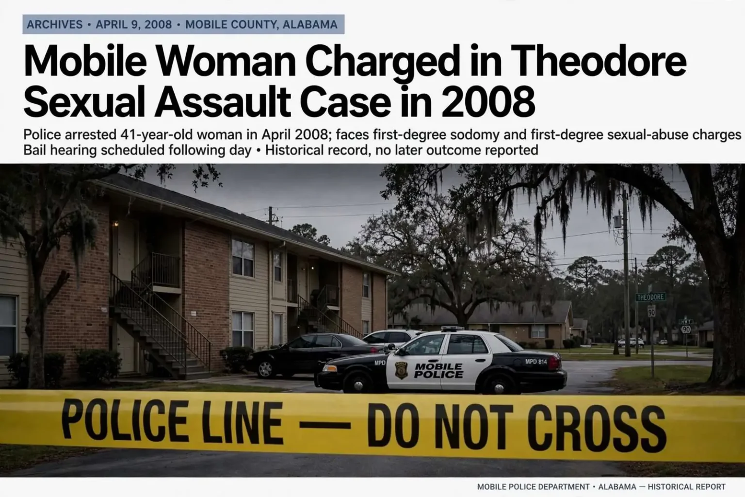 Illustration for the news story: Mobile Woman Charged in Theodore Sexual Assault Case in 2008