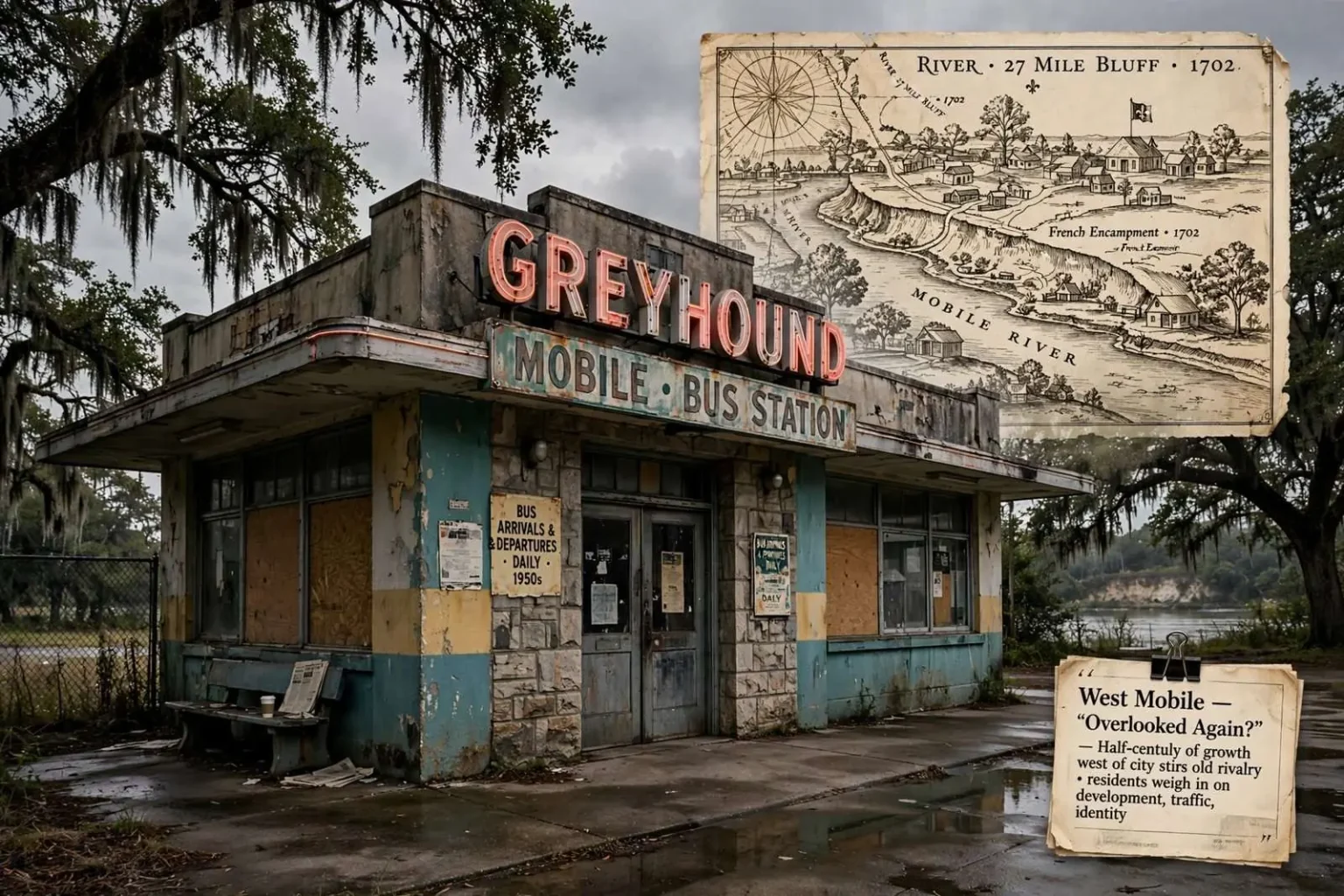 Illustration for the news story: A Local History Column Revisits Downtown Mobile’s Fading Landmarks