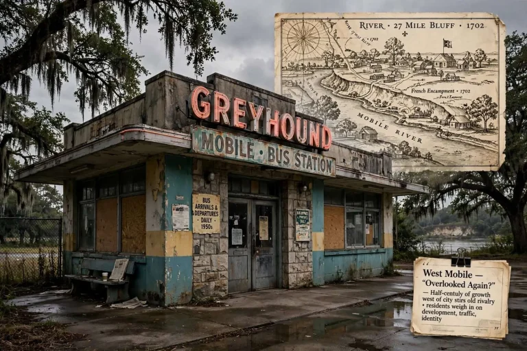 Illustration for the news story: A Local History Column Revisits Downtown Mobile’s Fading Landmarks