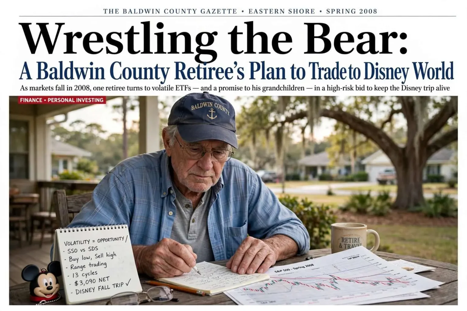 Illustration for the news story: Wrestling the Bear: A Baldwin County Retiree’s Plan to Trade His Way to Disney World
