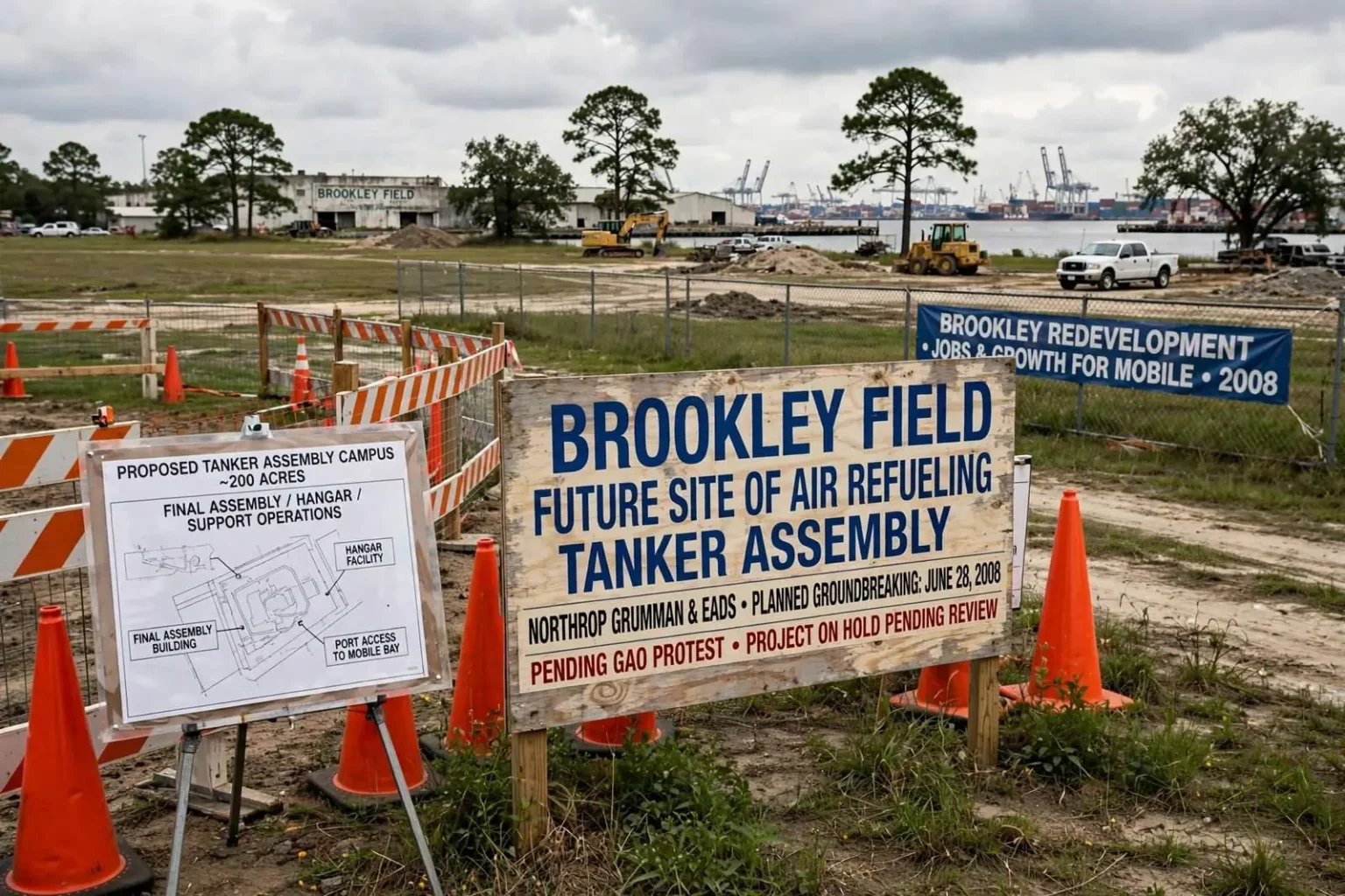 Illustration for the news story: Brookley Groundbreaking Was Planned as 2008 Tanker Protest Continued