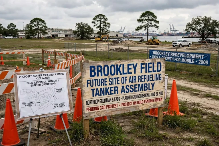 Illustration for the news story: Brookley Groundbreaking Was Planned as 2008 Tanker Protest Continued