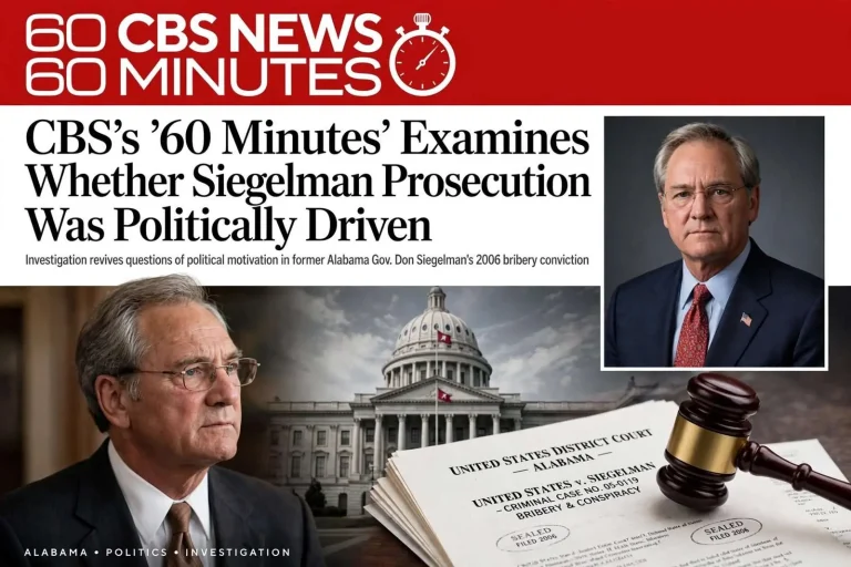 Illustration for the news story: CBS’s ’60 Minutes’ Examines Whether Siegelman Prosecution Was Politically Driven