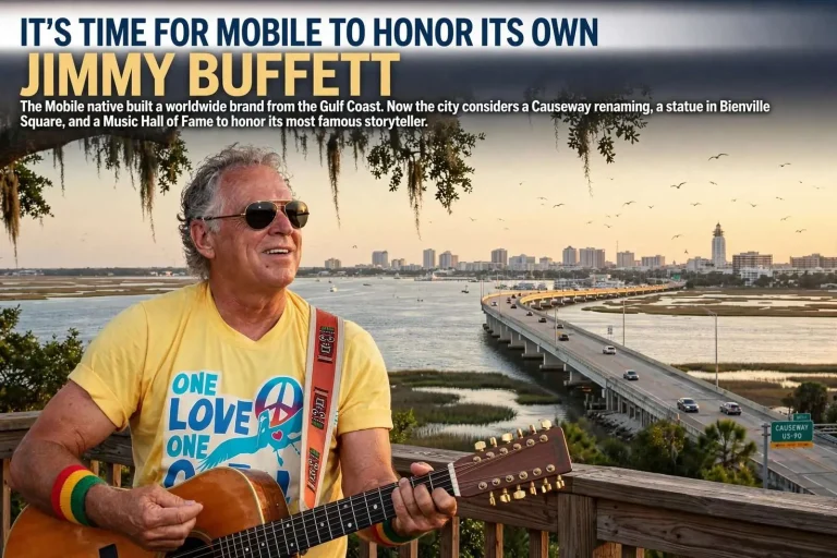 Illustration for the news story: It’s Time for Mobile to Honor Its Own Jimmy Buffett