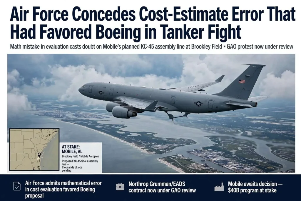 Illustration for the news story: Air Force Concedes Cost-Estimate Error That Had Favored Boeing in Tanker Fight
