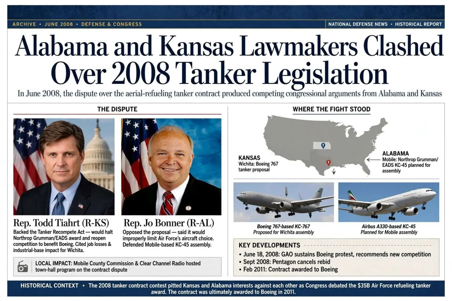 Illustration for the news story: Alabama and Kansas Lawmakers Clashed Over 2008 Tanker Legislation