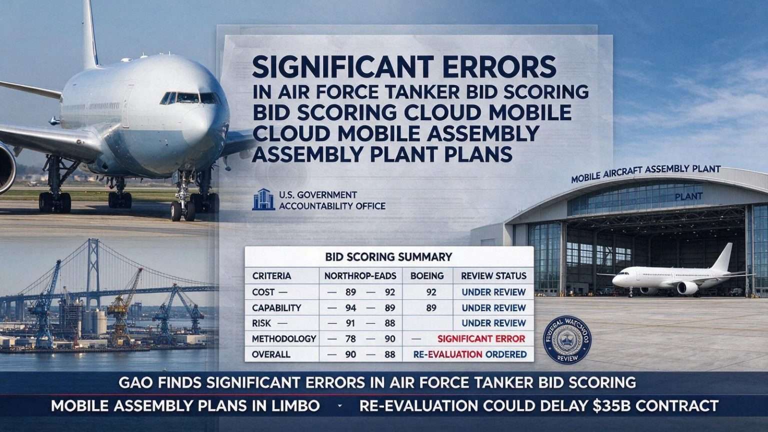 Illustration for the news story: Federal Watchdog Finds ‘Significant’ Errors in Air Force Tanker Bid Scoring, Clouding Mobile Assembly Plant Plans