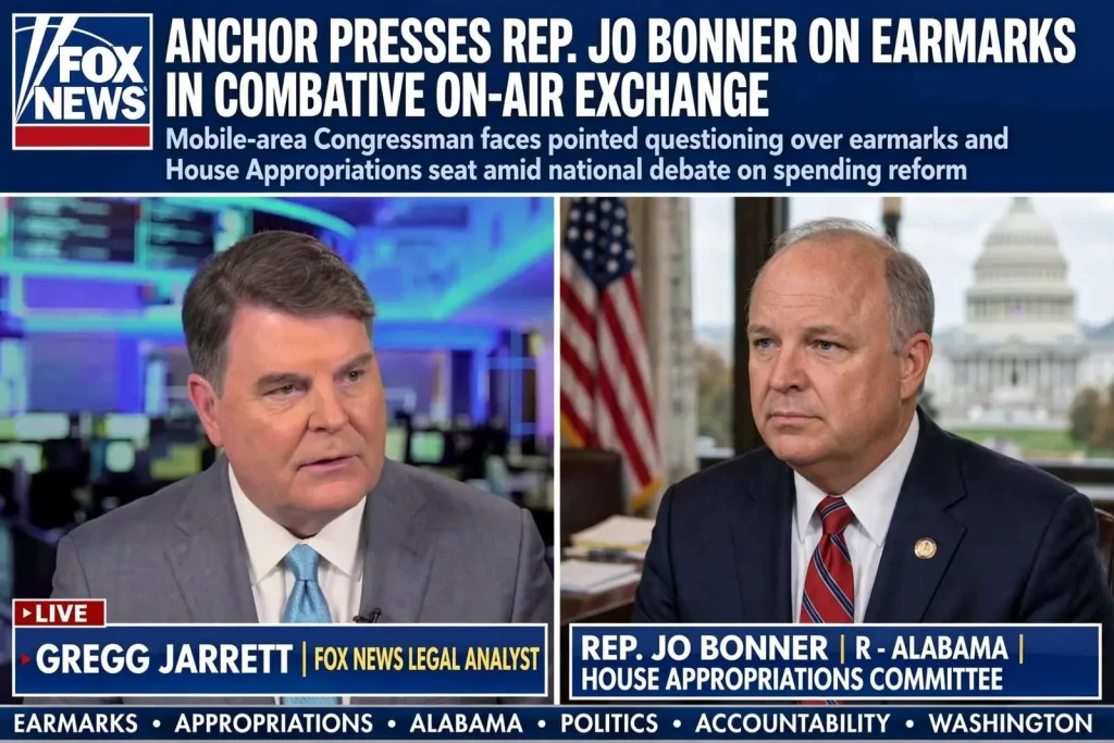 Illustration for the news story: Fox News Anchor Presses Rep. Jo Bonner on Earmarks in Combative On-Air Exchange