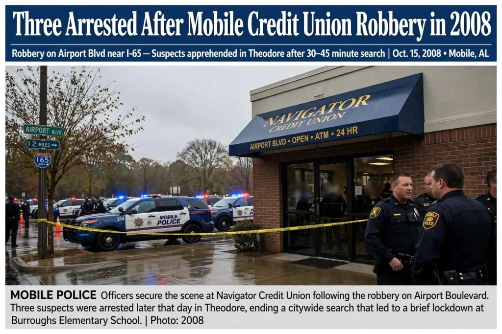 Illustration for the news story: Three Arrested After Mobile Credit Union Robbery in 2008