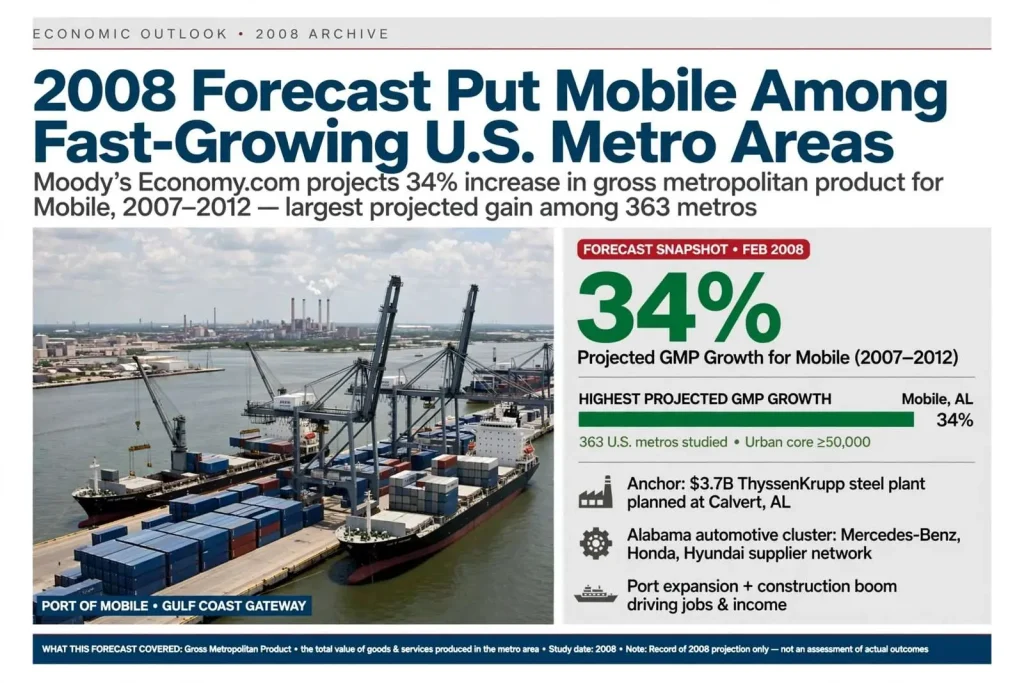 Illustration for the news story: 2008 Forecast Put Mobile Among Fast-Growing U.S. Metro Areas