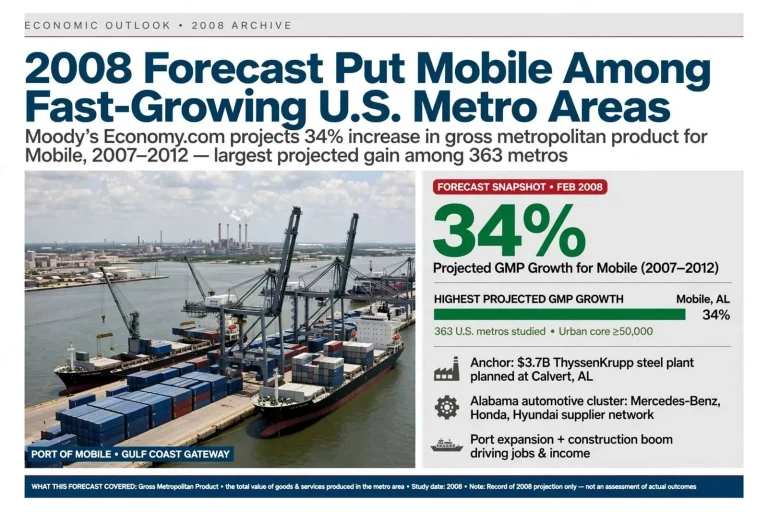 Illustration for the news story: 2008 Forecast Put Mobile Among Fast-Growing U.S. Metro Areas