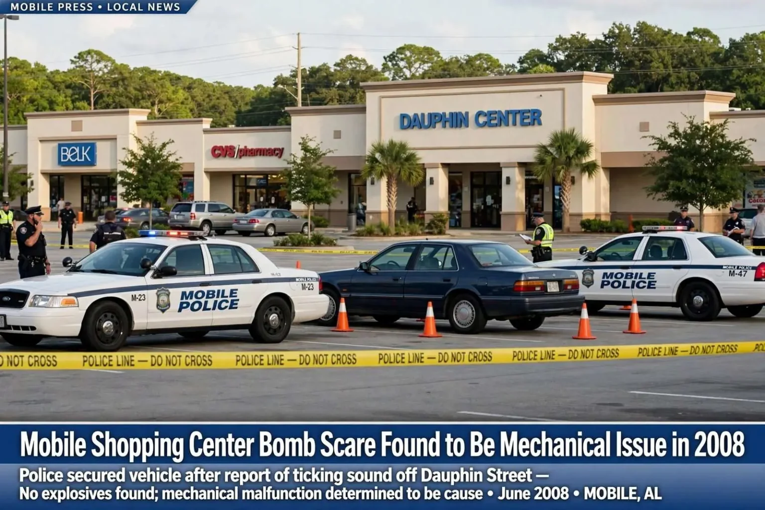 Illustration for the news story: Mobile Shopping Center Bomb Scare Found to Be Mechanical Issue in 2008