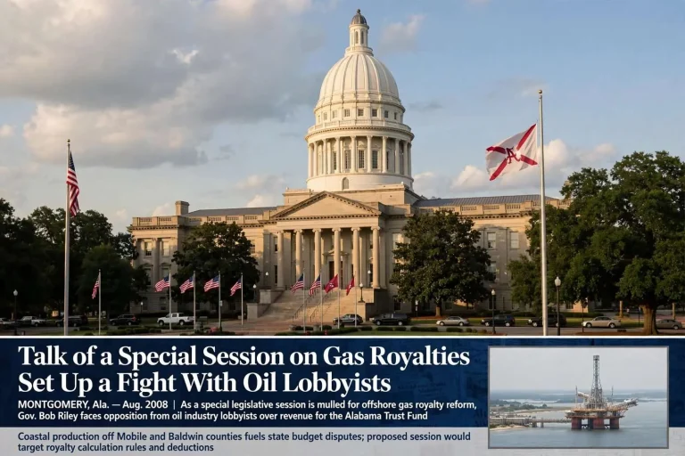 Illustration for the news story: Talk of a Special Session on Gas Royalties Set Up a Fight With Oil Lobbyists