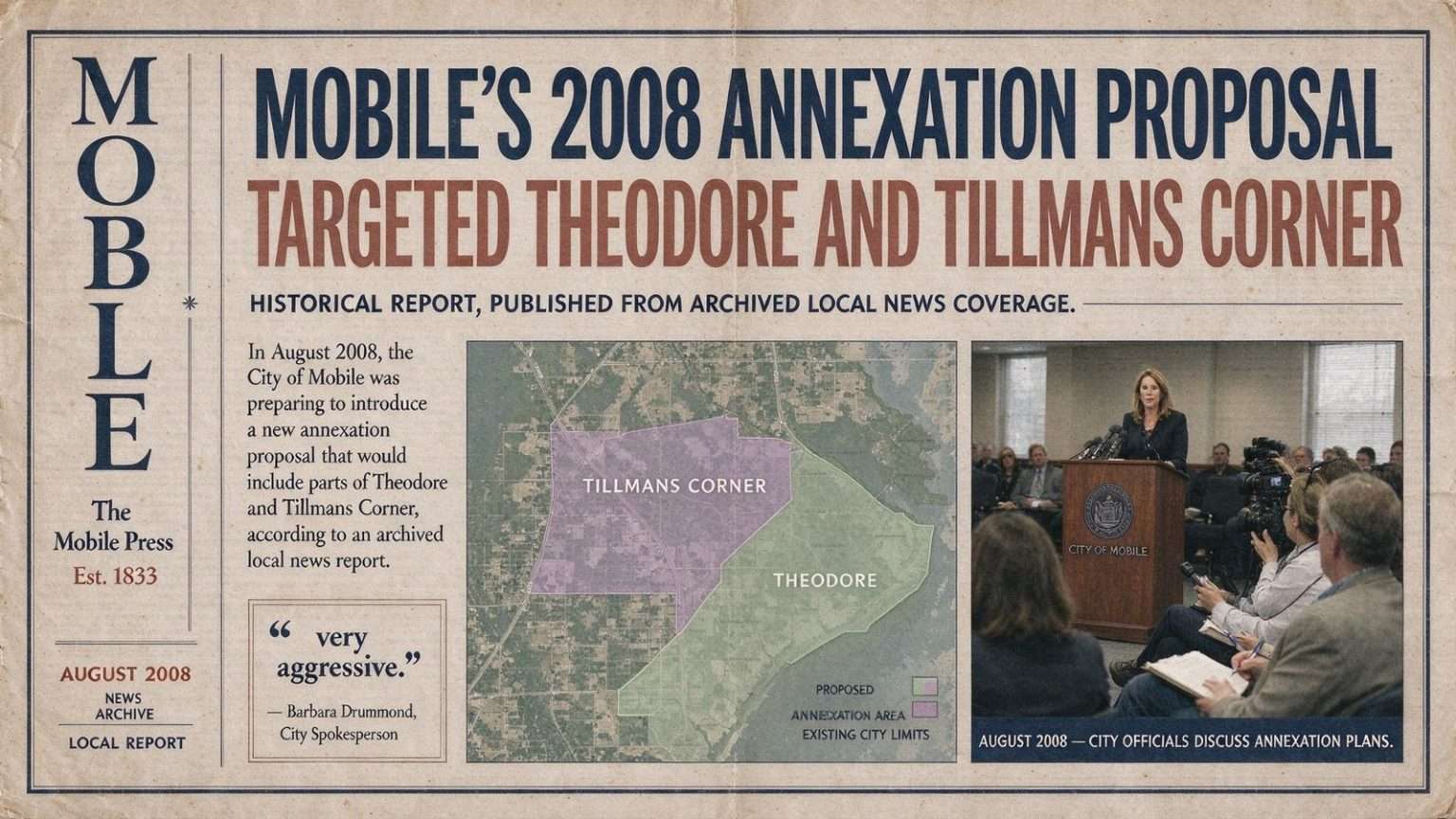 Illustration for the news story: Mobile’s 2008 Annexation Proposal Targeted Theodore and Tillmans Corner