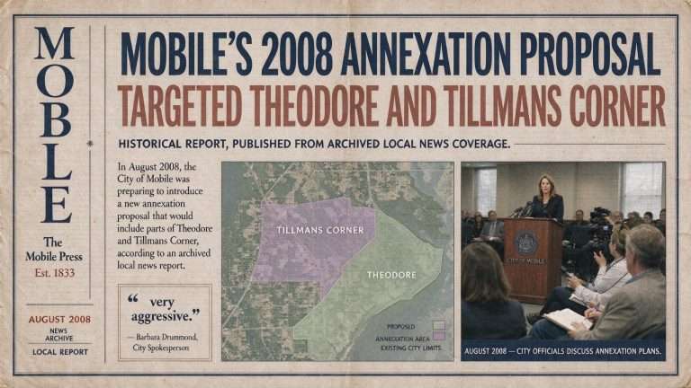 Illustration for the news story: Mobile’s 2008 Annexation Proposal Targeted Theodore and Tillmans Corner