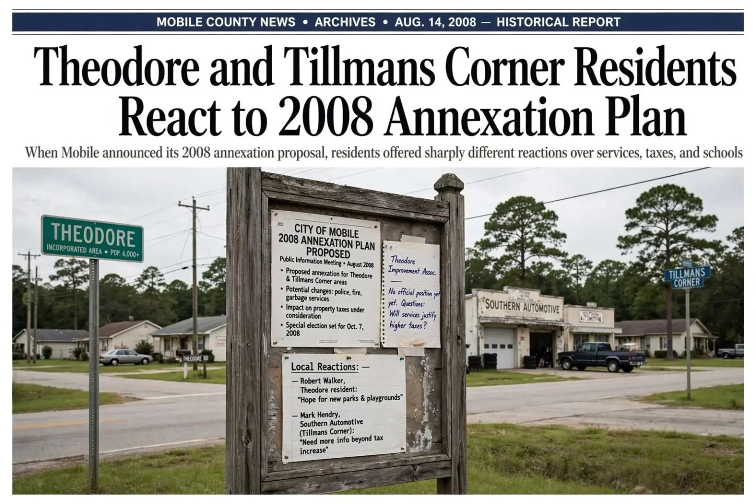 Illustration for the news story: Theodore and Tillmans Corner Residents Reacted to 2008 Annexation Plan