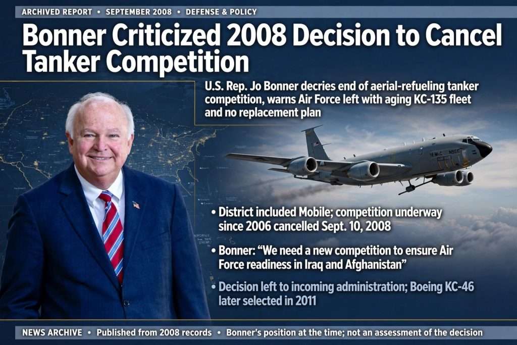 Illustration for the news story: Bonner Criticized 2008 Decision to Cancel Tanker Competition
