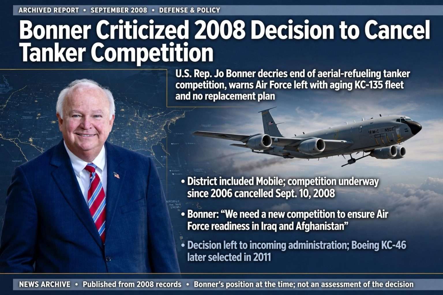 Illustration for the news story: Bonner Criticized 2008 Decision to Cancel Tanker Competition