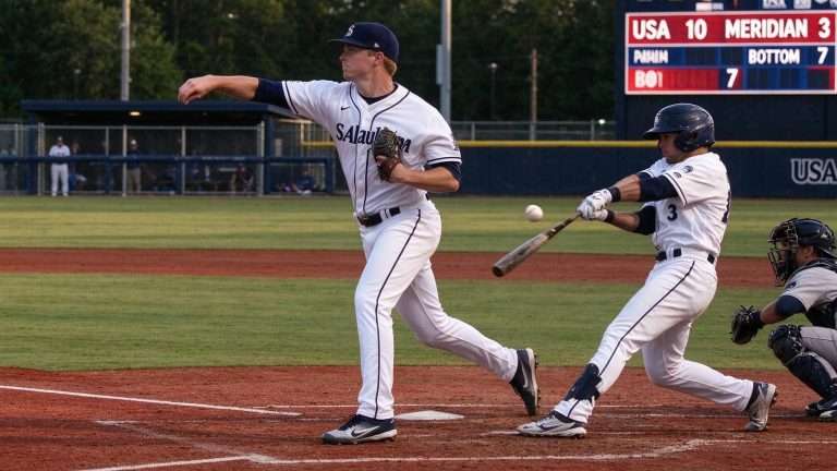 Illustration for the news story: Matt Jackson Sharp as South Alabama Baseball Beats Meridian 10-3 in Fall Action