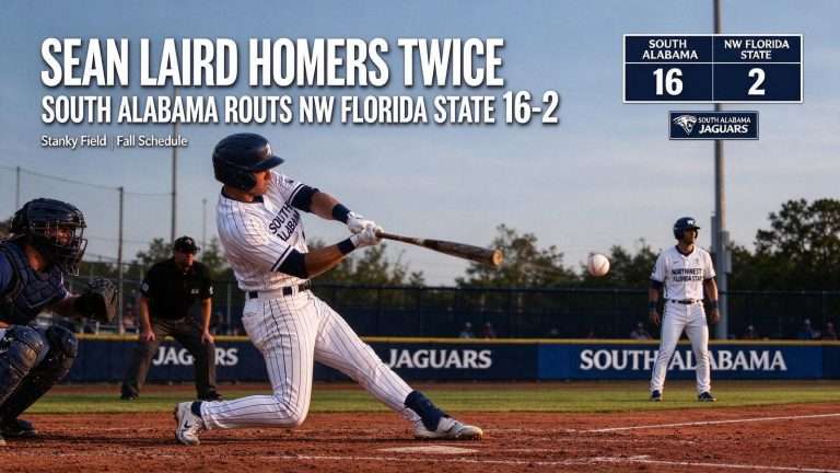 Illustration for the news story: Sean Laird Homers Twice as South Alabama Baseball Routs Northwest Florida State 16-2