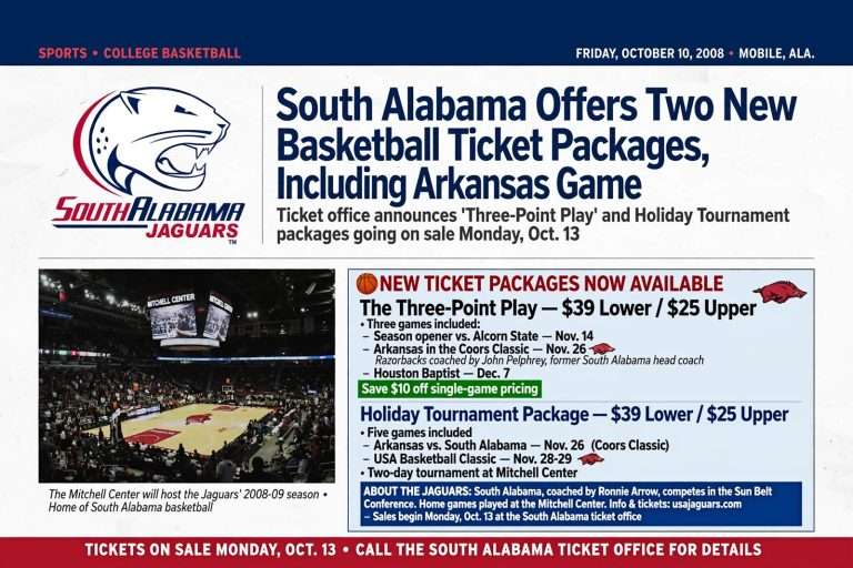 Illustration for the news story: South Alabama Offers Two New Basketball Ticket Packages, Including Arkansas Game