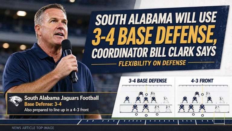 Illustration for the news story: South Alabama Will Use 3-4 Base Defense, Coordinator Bill Clark Says