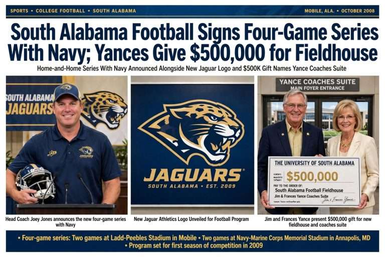 Illustration for the news story: South Alabama Football Signs Four-Game Series With Navy; Yances Give $500,000 for Fieldhouse
