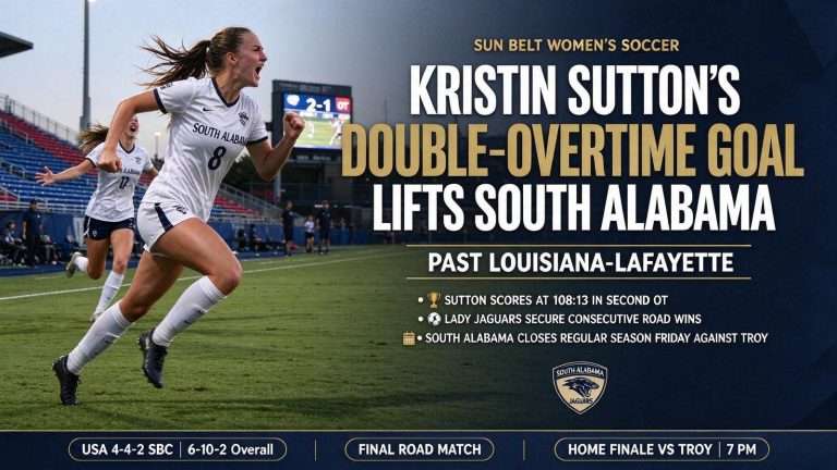Illustration for the news story: Kristin Sutton’s Double-Overtime Goal Lifts South Alabama Women’s Soccer Past Louisiana-Lafayette