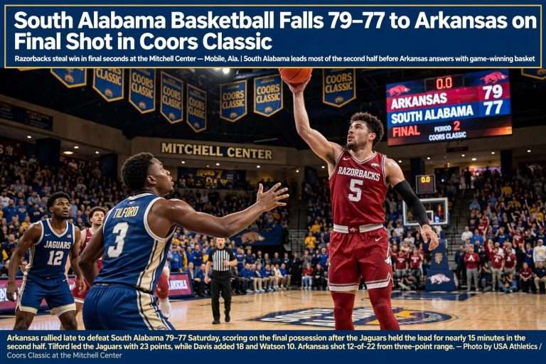 Illustration for the news story: South Alabama Basketball Falls 79-77 to Arkansas on Final Shot in Coors Classic