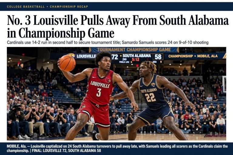 Illustration for the news story: No. 3 Louisville Pulls Away From South Alabama in Championship Game